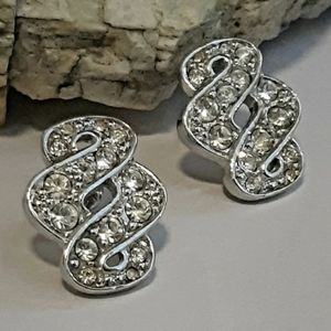 Trifari Modernist Silver Earrings Helix Rhinestone